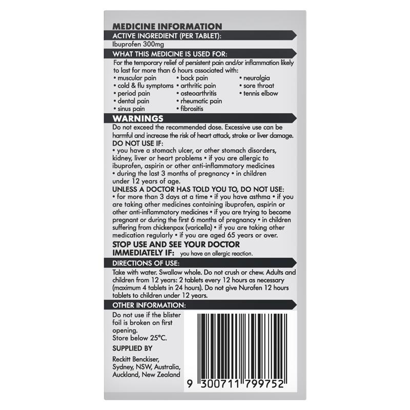 Nurofen 12 Hour Relief 300mg 12 Tablets - Ibuprofen (S3)
