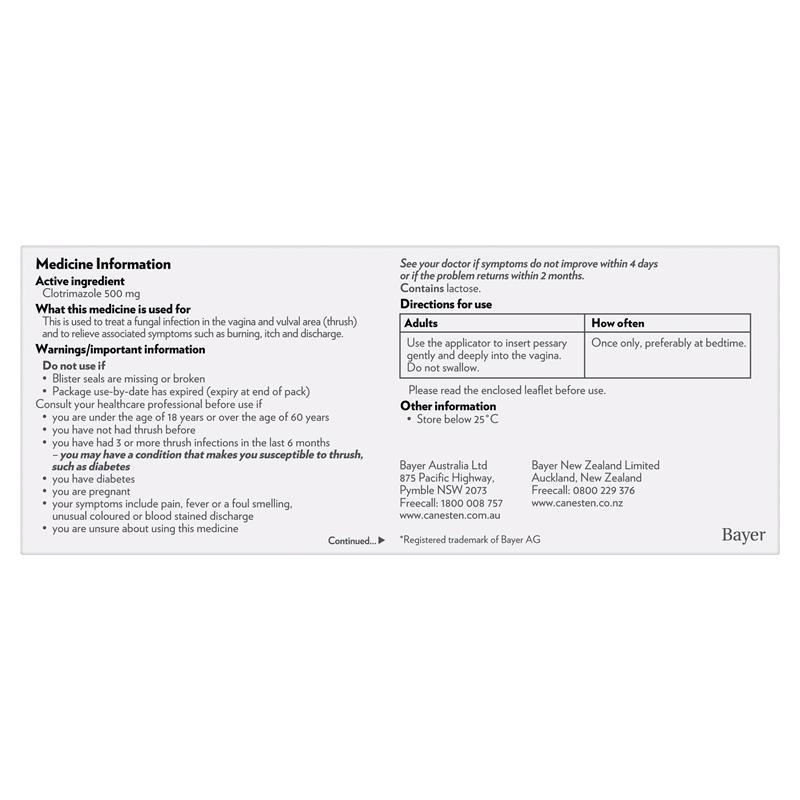 Canesten 1 Day Thrush Treatment Pessary - Clotrimazole (S3)