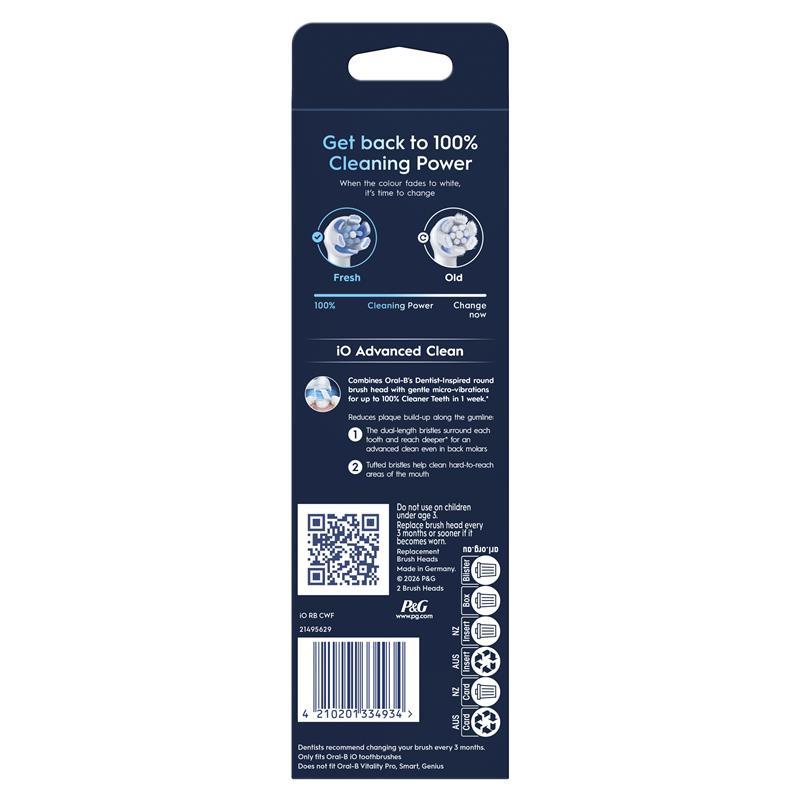 Buy Oral B Power Toothbrush iO Advanced Clean Refills White 2 Pack ...
