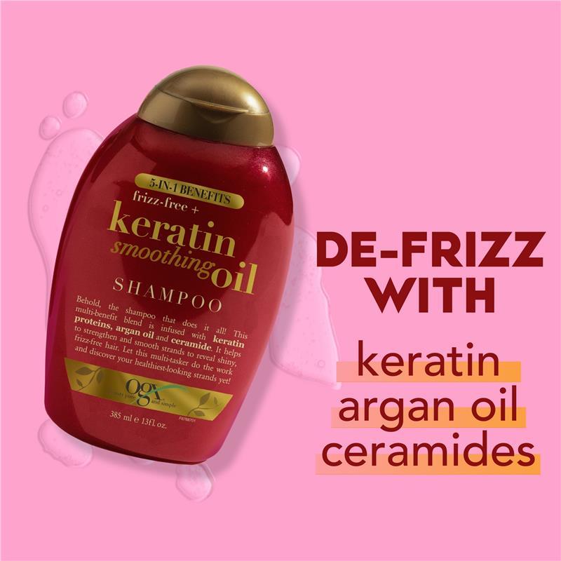 Ogx Frizz Free + Keratin Smoothing Oil 5 in 1 Benefits Shampoo For Frizzy Hair 385mL