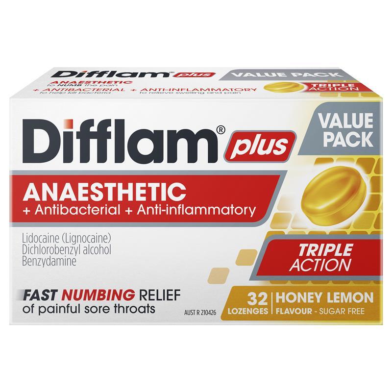 Difflam Plus Anaesthetic Sugar Free Honey & Lemon 32 Lozenges
