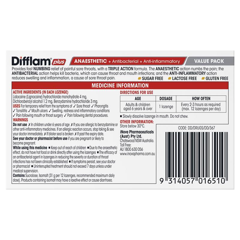 Difflam Plus Anaesthetic Sugar Free Honey & Lemon 32 Lozenges