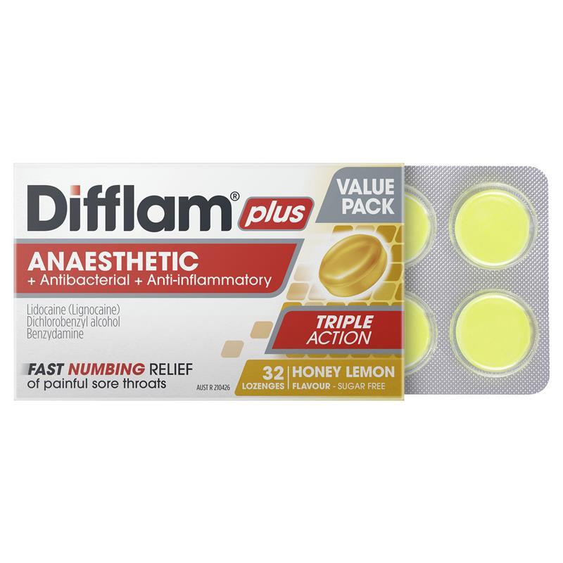 Difflam Plus Anaesthetic Sugar Free Honey & Lemon 32 Lozenges