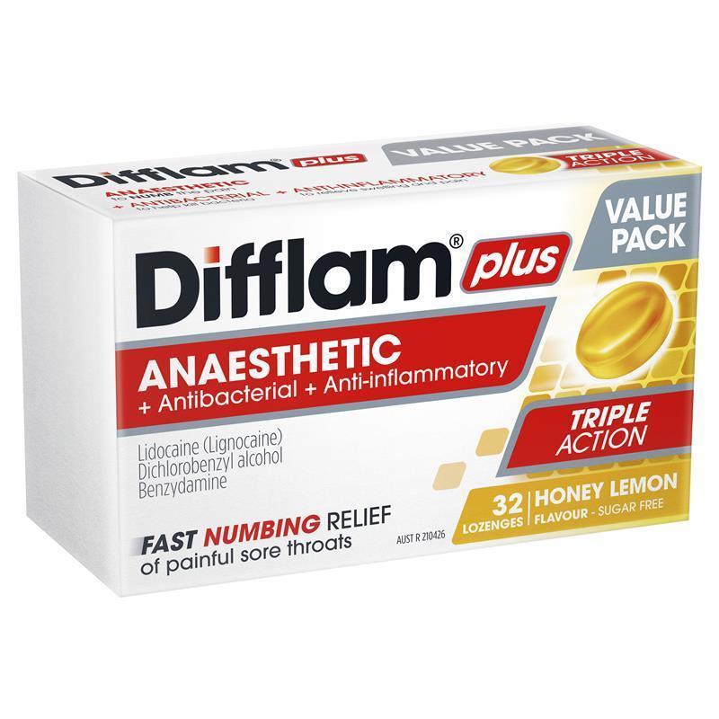 Difflam Plus Anaesthetic Sugar Free Honey & Lemon 32 Lozenges