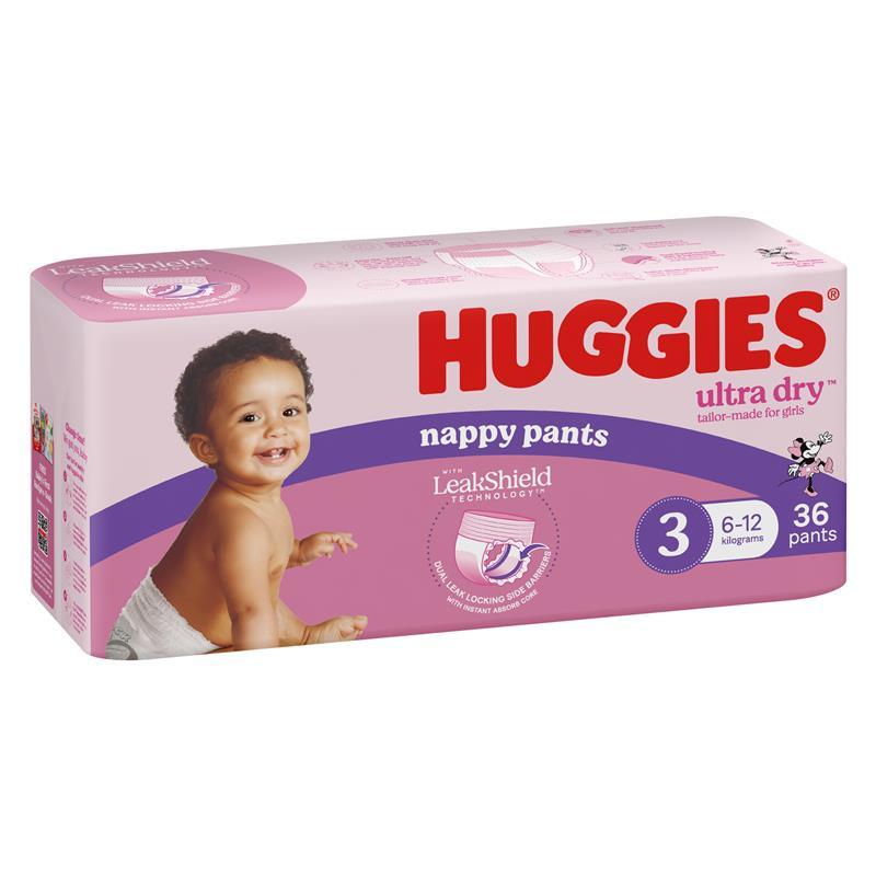 Huggies Ultra Dry Nappy Pants Girls Size 3 (6-12kg) 36 Pack