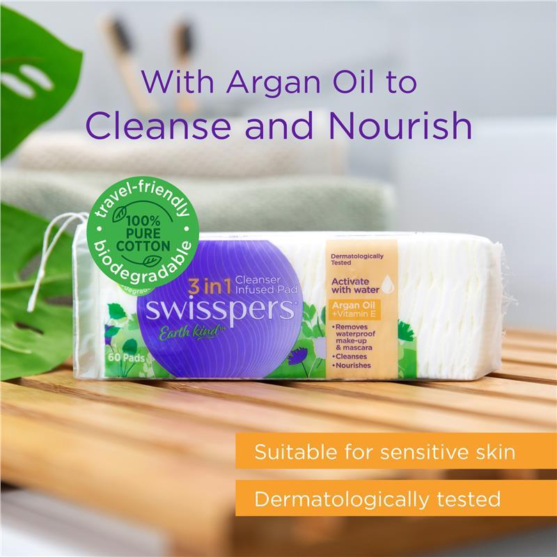 Swisspers 3in1 Argan Oil & Vitamin E Cleanser Infused Pads 60 pack