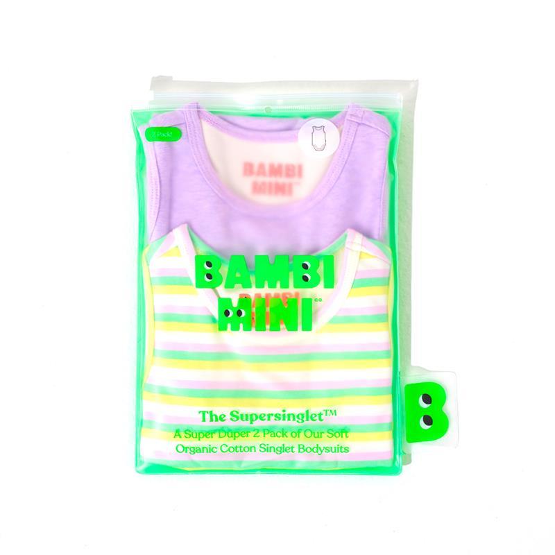 Bambi Mini Co. Supersinglet Bodysuit Girls Purple Flowers and Candy Stripe 2 pack 0-3