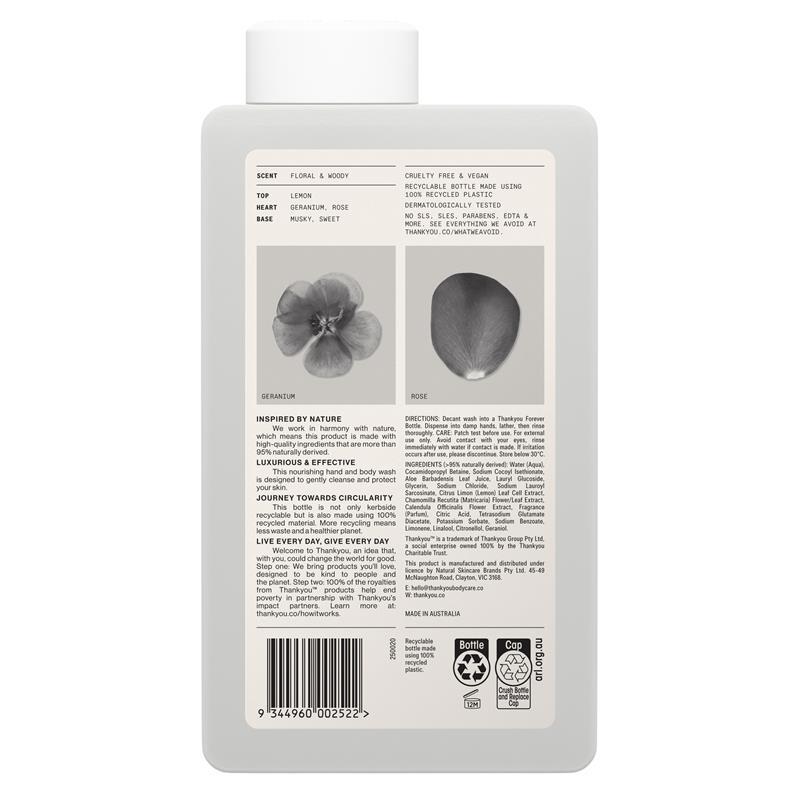 Thankyou Hand & Body Wash Botanical Geranium Rose & Wood Refill 1L