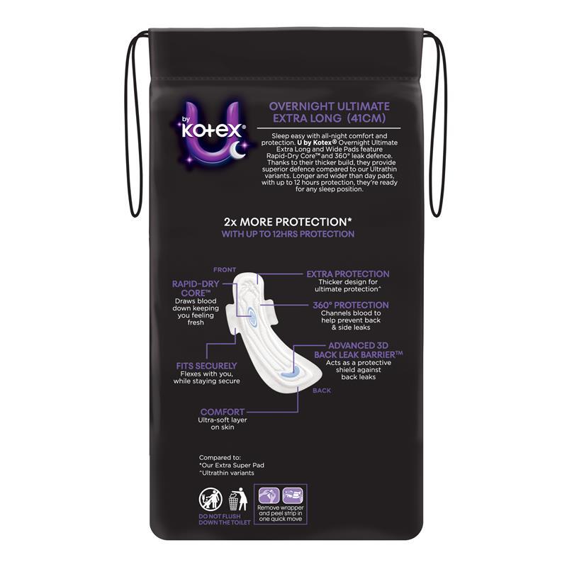 U by Kotex Extra Overnight Ultimate Pads with Wings 6 Pack
