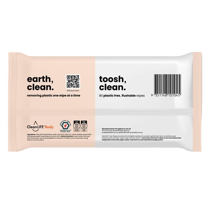 CleanLIFE Toosh Clean Gentle Flushable Wipes 80 Pack