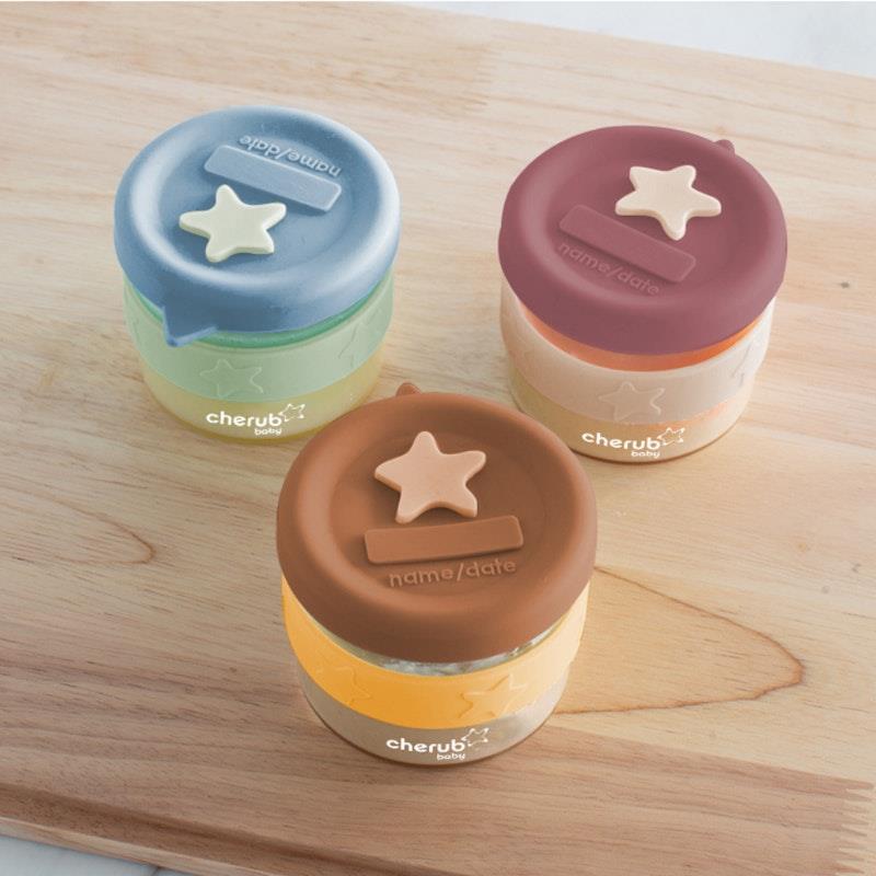 Cherub Baby Silicone & Glass Baby Food Containers 180ml & 120ml Dusty Rose & Sand 5 Pack