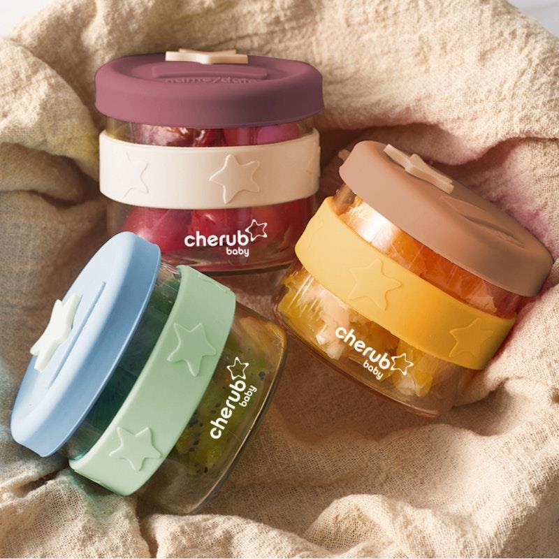 Cherub Baby Silicone & Glass Baby Food Containers 180ml & 120ml Dusty Rose & Sand 5 Pack