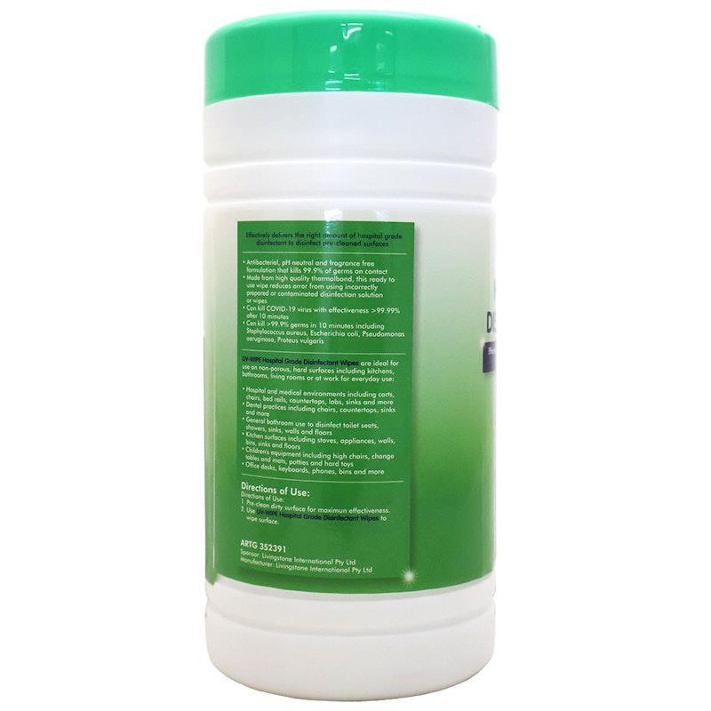 Liv-Wipe Hospital Grade Sanitiser Disinfectant 100 Wipes 1tub