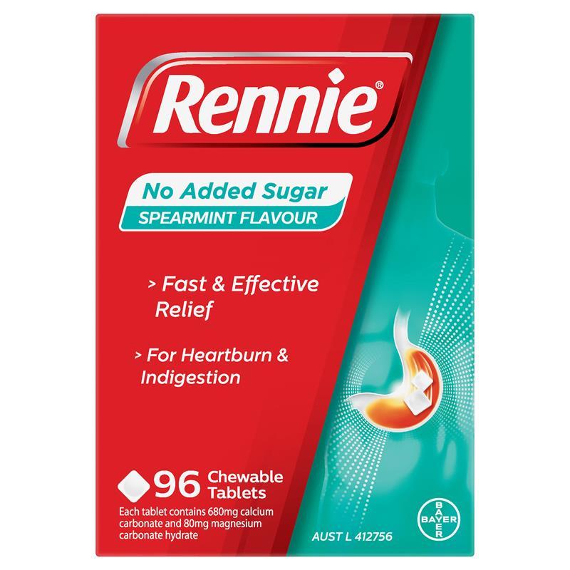 Rennie No Added Sugar Indigestion and Heartburn Relief Spearmint 96 Chewable Tablets