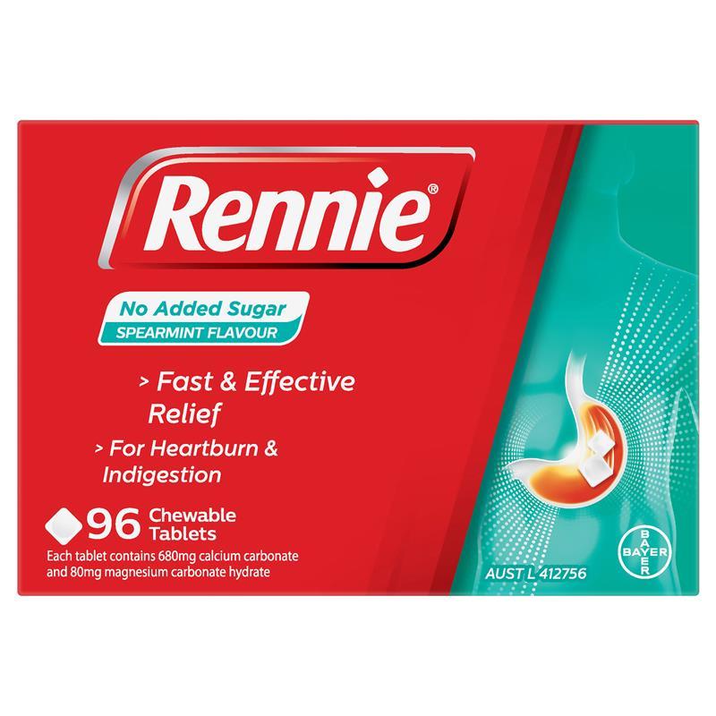 Rennie No Added Sugar Indigestion and Heartburn Relief Spearmint 96 Chewable Tablets