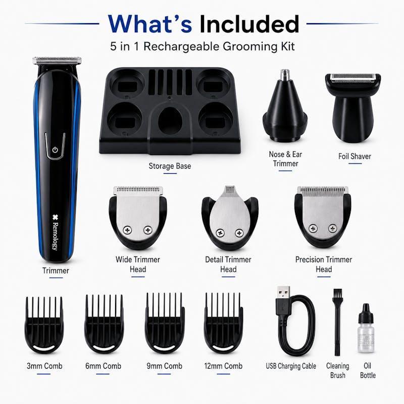 Remology 5-in-1 Rechargeable Grooming Kit for Men with Hair Trimmer & Shaver One Size