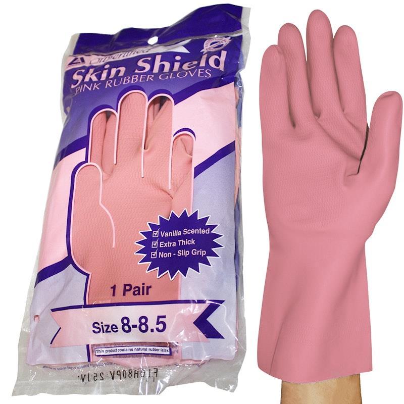 Skin Shield Silver Lined Natural Rubber Gloves Vanilla Scented Pair Pink Size 8-8.5