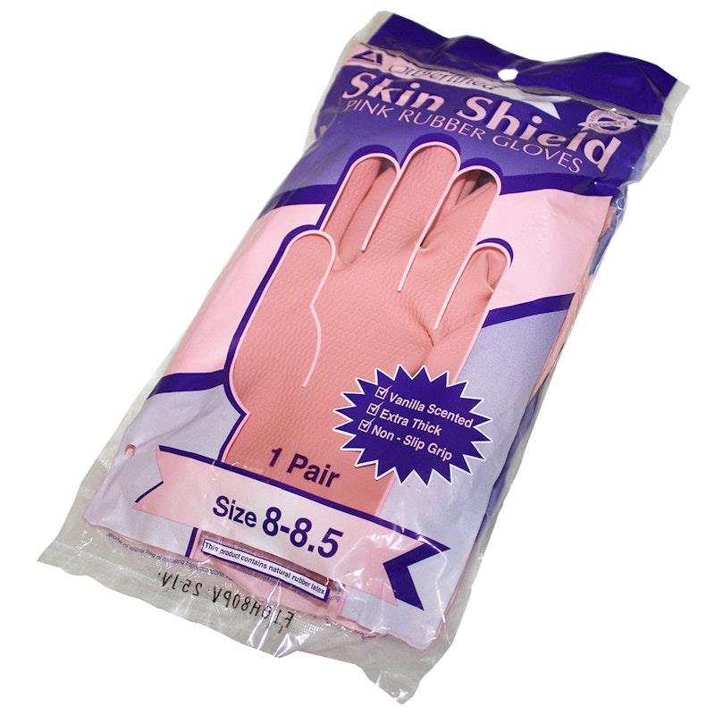Skin Shield Silver Lined Natural Rubber Gloves Vanilla Scented Pair Pink Size 8-8.5