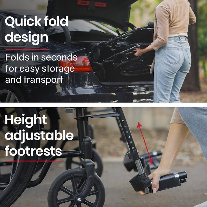 Equipmed 24 Inch Folding Wheelchair with Park Brakes Black