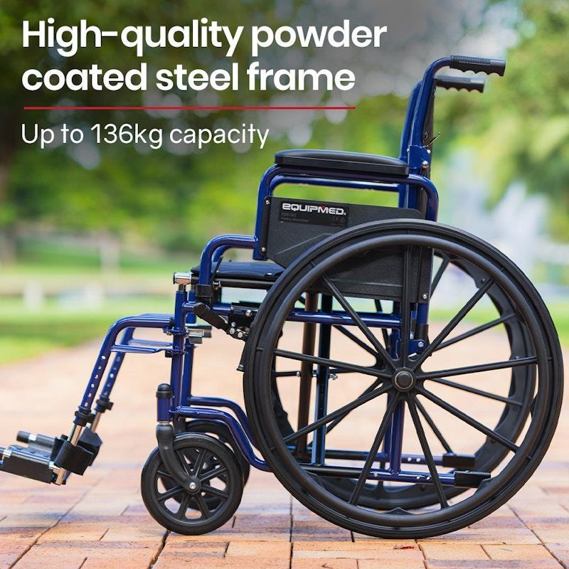 Equipmed 24 Inch Folding Wheelchair with Park Brakes Blue