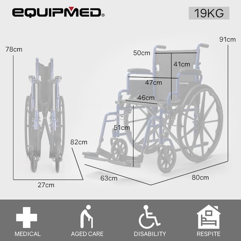 Equipmed 24 Inch Folding Wheelchair with Park Brakes Blue