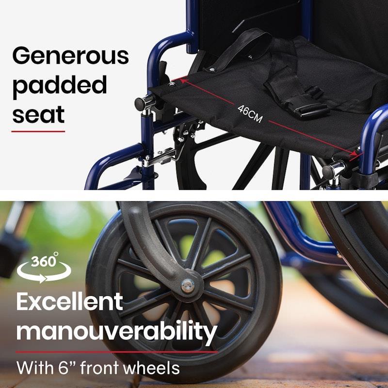 Equipmed 24 Inch Folding Wheelchair with Park Brakes Blue