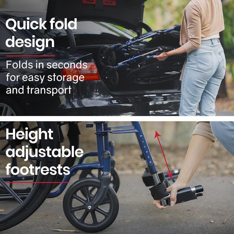 Equipmed 24 Inch Folding Wheelchair with Park Brakes Blue