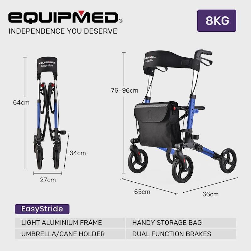 Equipmed Easy Stride Foldable Aluminium Walking Frame Rollator Blue