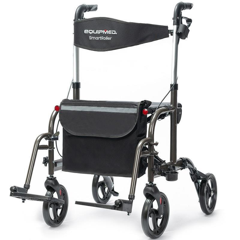 Equipmed 2-in-1 Foldable Aluminium Walking Frame Rollator Titanium Colour
