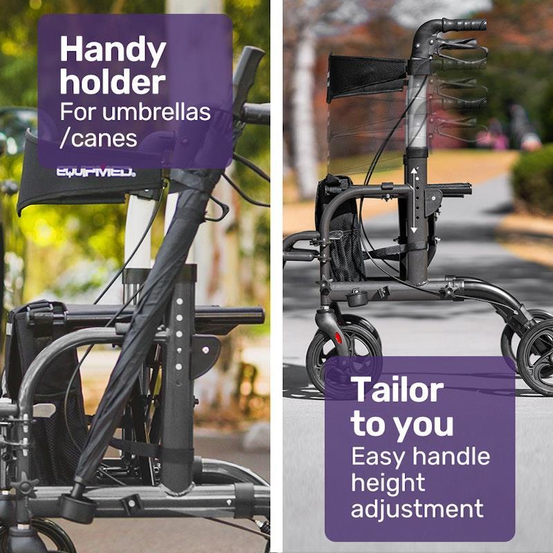 Equipmed 2-in-1 Foldable Aluminium Walking Frame Rollator Titanium Colour