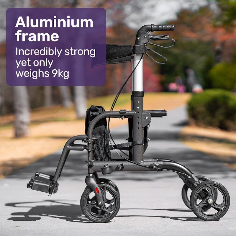 Equipmed 2-in-1 Foldable Aluminium Walking Frame Rollator Titanium Colour
