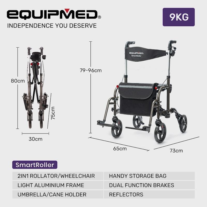 Equipmed 2-in-1 Foldable Aluminium Walking Frame Rollator Titanium Colour