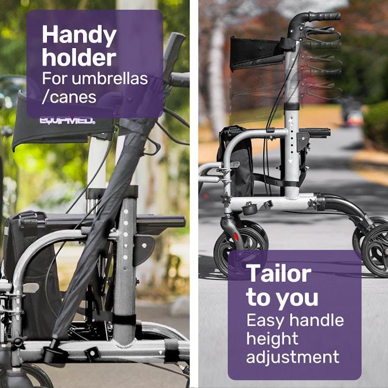 Equipmed 2-in-1 Foldable Aluminium Walking Frame Rollator Silver