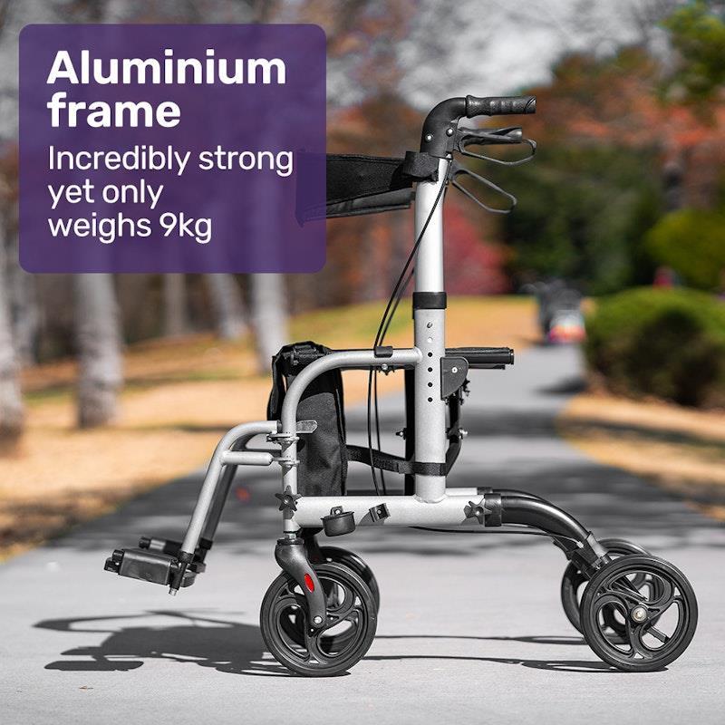 Equipmed 2-in-1 Foldable Aluminium Walking Frame Rollator Silver