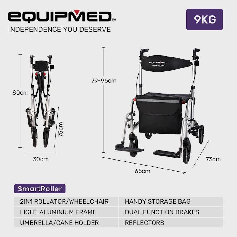 Equipmed 2-in-1 Foldable Aluminium Walking Frame Rollator Silver