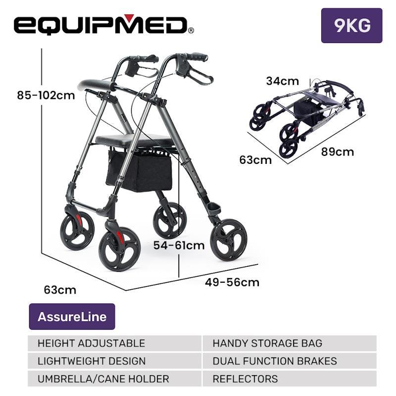 Equipmed 4 Wheel Lightweight Rollator Walker Titanium Colour