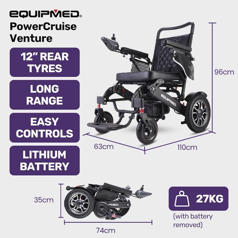 Equipmed Electric Folding Wheelchair Longrange Aluminium Frame Black