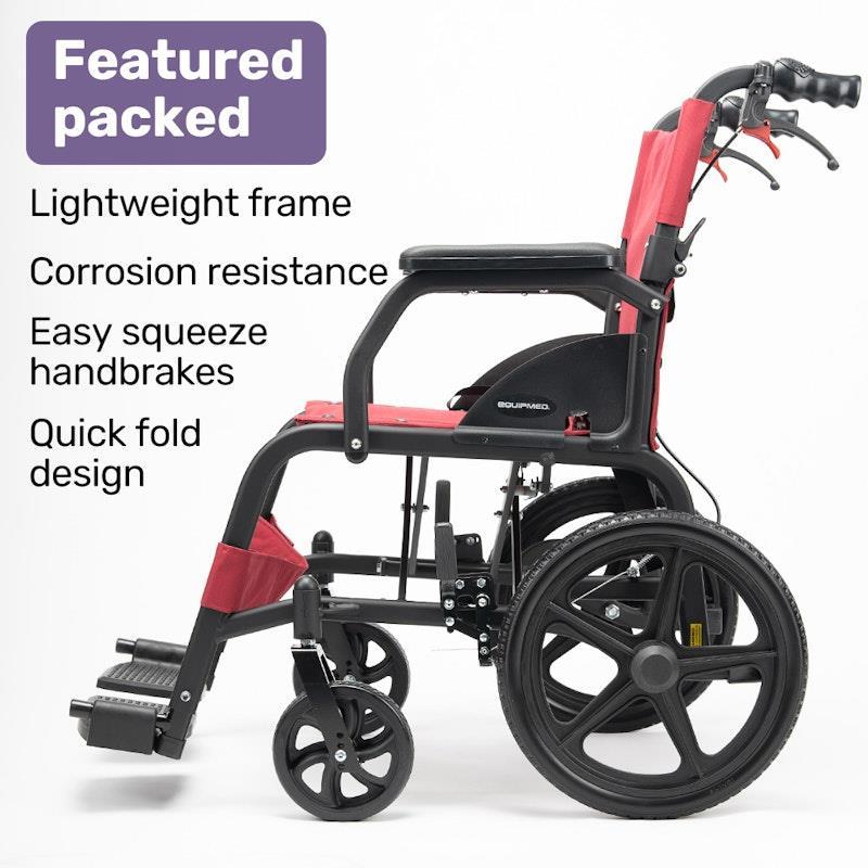 Equipmed Folding Transit Wheelchair Lightweight Red