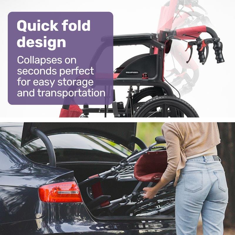 Equipmed Folding Transit Wheelchair Lightweight Red