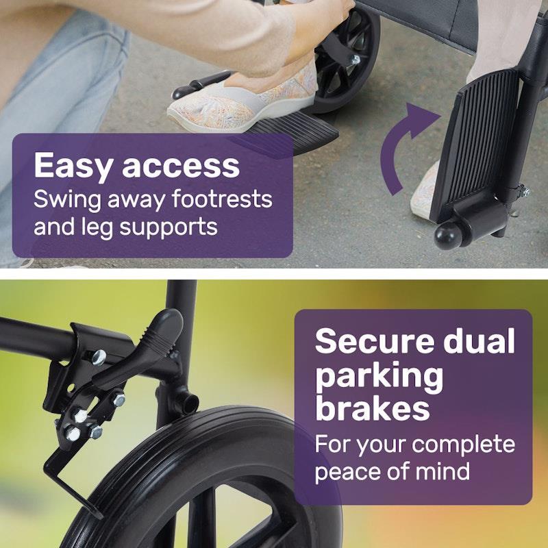 Equipmed Folding Transit Manual Wheelchair For S-XL Black