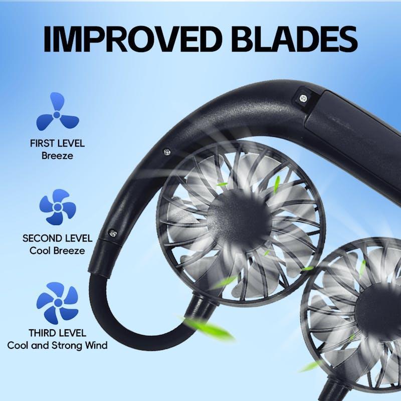 Living Today Sports Rechargeable Neck Fan Portable 3 Speeds USB Charging Black