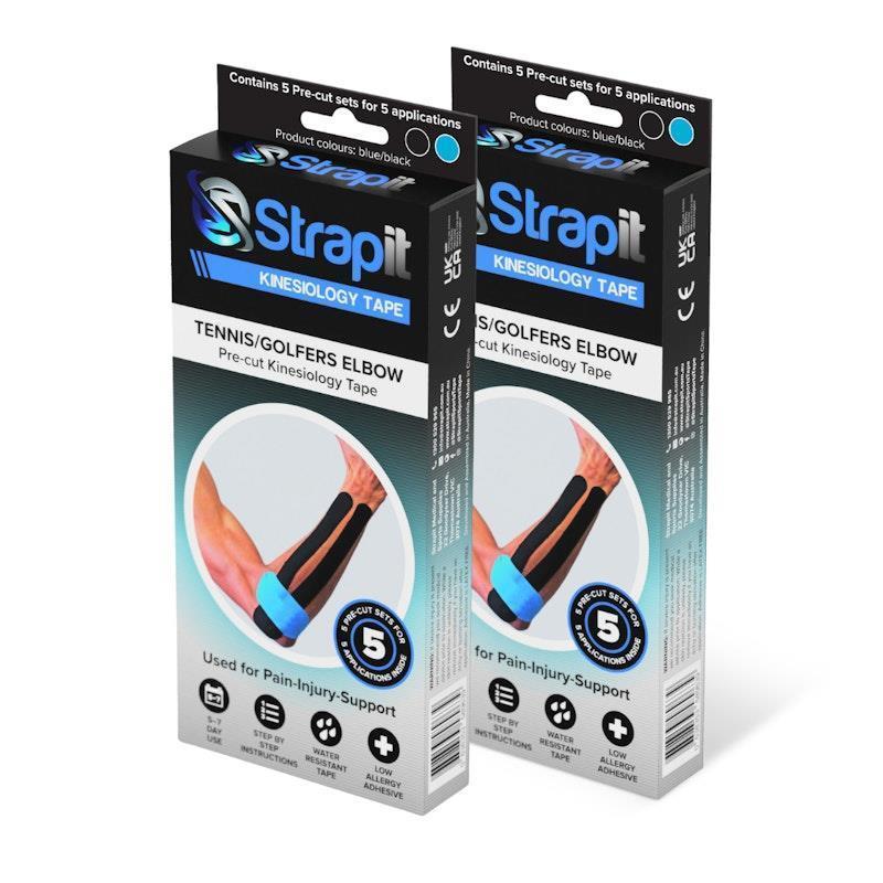 Strapit Tennis Elbow or Golfers Elbow Precut Kinesiology Tape - BLACK/BLUE - Box of 5 2 Pack