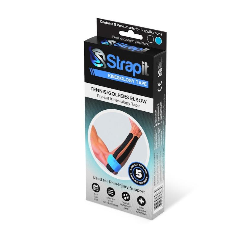Strapit Tennis Elbow or Golfers Elbow Precut Kinesiology Tape - BLACK/BLUE - Box of 5 2 Pack