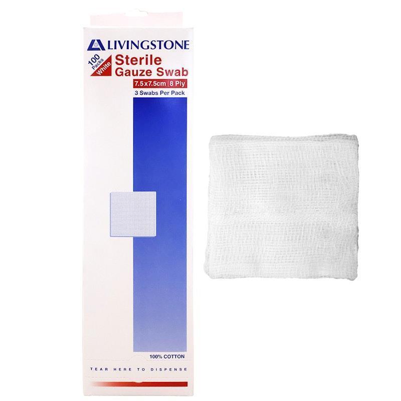 Livingstone Gauze Swabs 8 ply Cotton Sterile 7.5 x 7.5cm 100 Pieces/Box