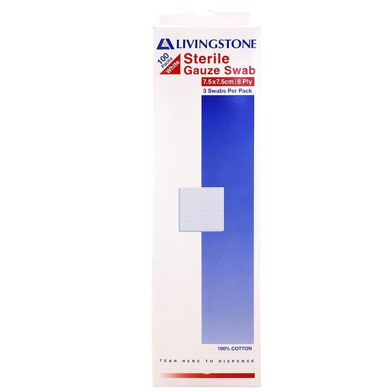 Livingstone Gauze Swabs 8 ply Cotton Sterile 7.5 x 7.5cm 100 Pieces/Box