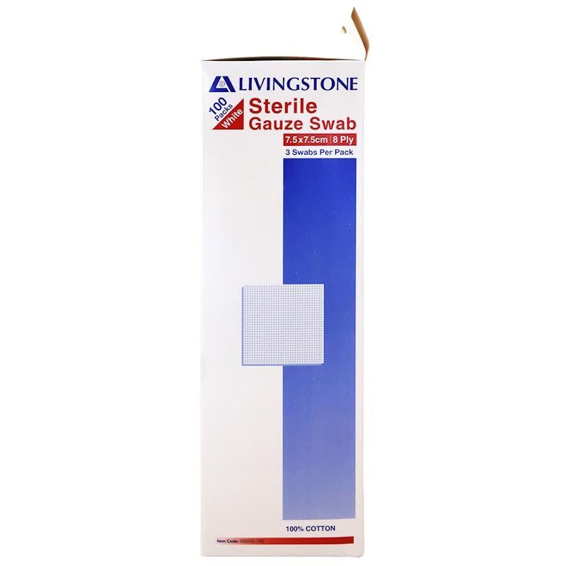 Livingstone Gauze Swabs 8 ply Cotton Sterile 7.5 x 7.5cm 100 Pieces/Box