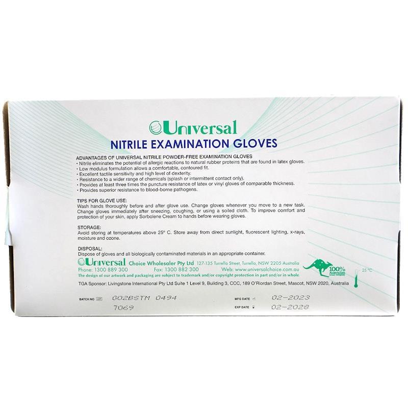 Universal Choice Nitrile Examination Gloves AS NZ Powder Free Medium 100 Pieces/Box