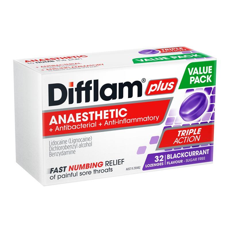 Difflam Plus Triple Action Blackcurrant 32 Lozenges