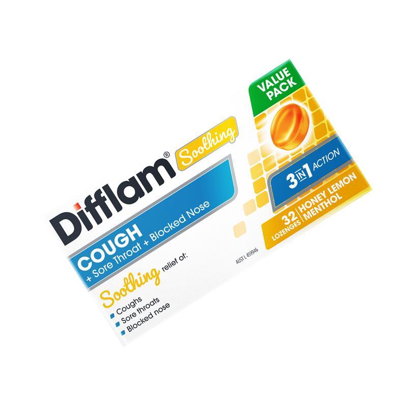 Difflam Soothing Cough + Sore Throat + Blocked Nose Honey Lemon 32 Lozenges
