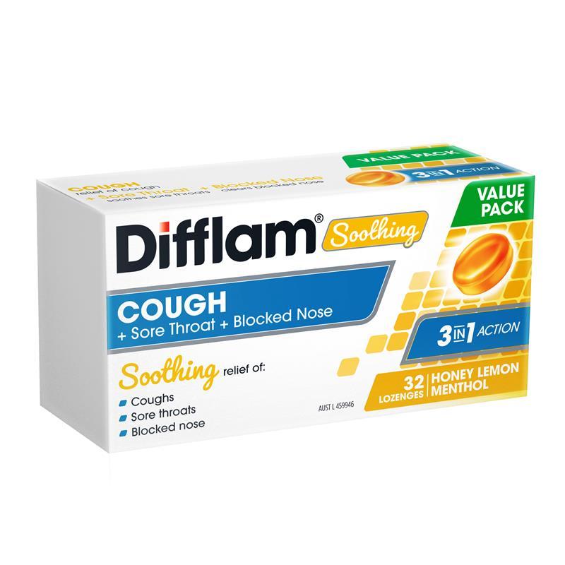 Difflam Soothing Cough + Sore Throat + Blocked Nose Honey Lemon 32 Lozenges